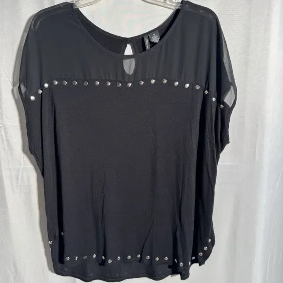 New Directions Black Studded Top Women 1X Short Sleeve Blouse Casual Chic - Picture 1 of 8